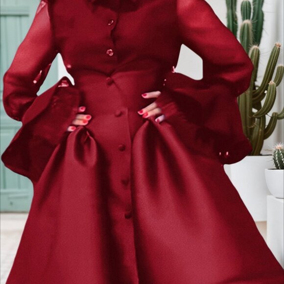 Elegant Red Satin Puff Sleeve Button-Front Fit & Flare Dress | Church, Gala - Picture 3 of 5